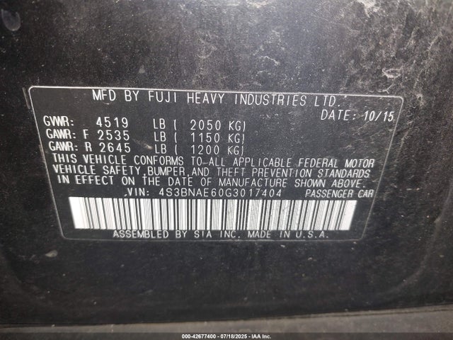 Subaru 2.5l u5 2016 4S3BNAE60G3017404 Image 9