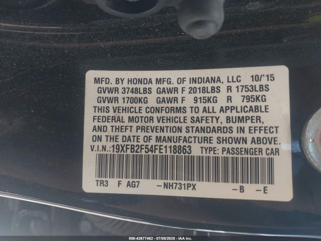 Honda r18z1 2015 19XFB2F54FE118863 Image 9