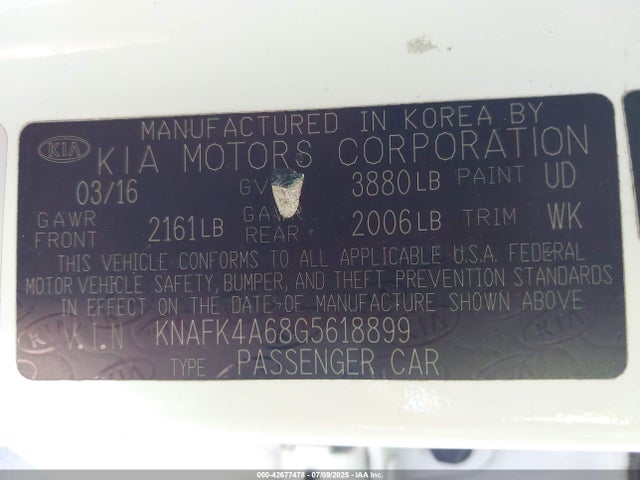 KNAFK4A68G5618899 KIA FORTE LX