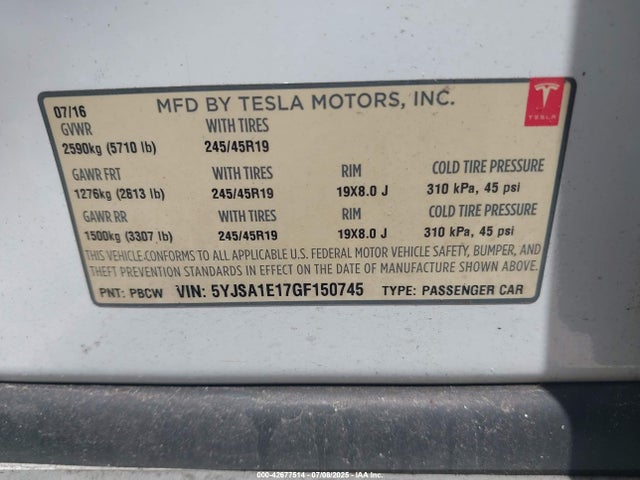 2016 TESLA MODEL S 5YJSA1E17GF150745 Photo 8