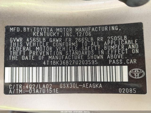 2007 TOYOTA AVALON 4T1BK36B27U203595 Photo 8