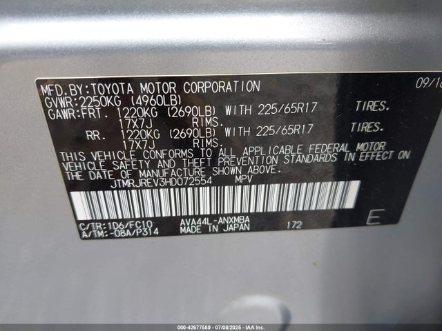 Toyota 2ar-fxe, 2jm+2fm 2017 JTMRJREV3HD072554 Image 9