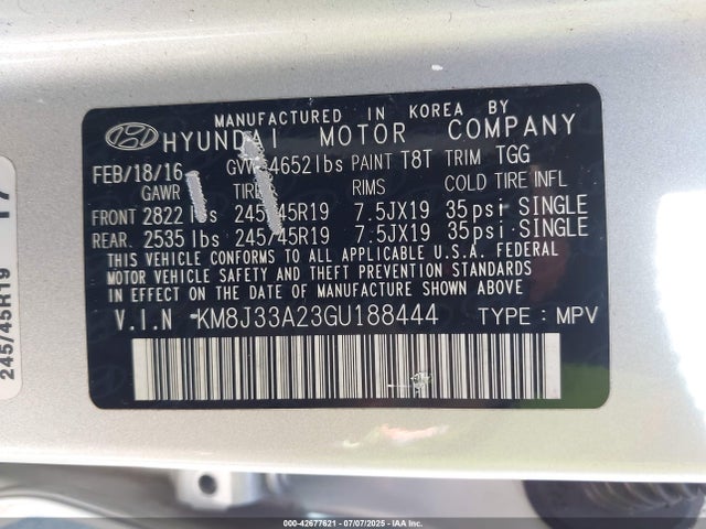 KM8J33A23GU188444 Hyundai 2016