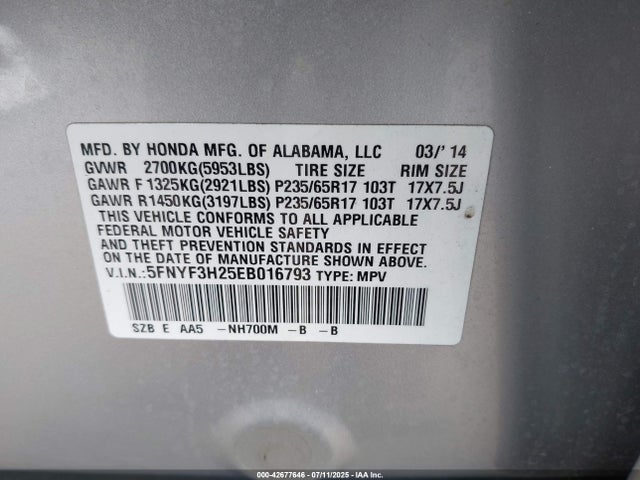 Honda j35z4 2014 5FNYF3H25EB016793 Image 9