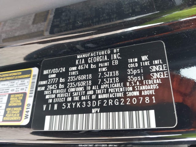 5XYK33DF2RG220781 KIA gdi theta iii