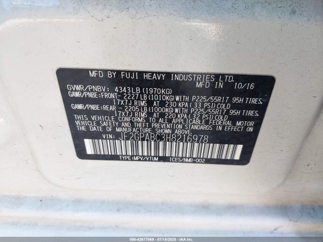 JF2GPABC3H8216978 Subaru naturally aspirated