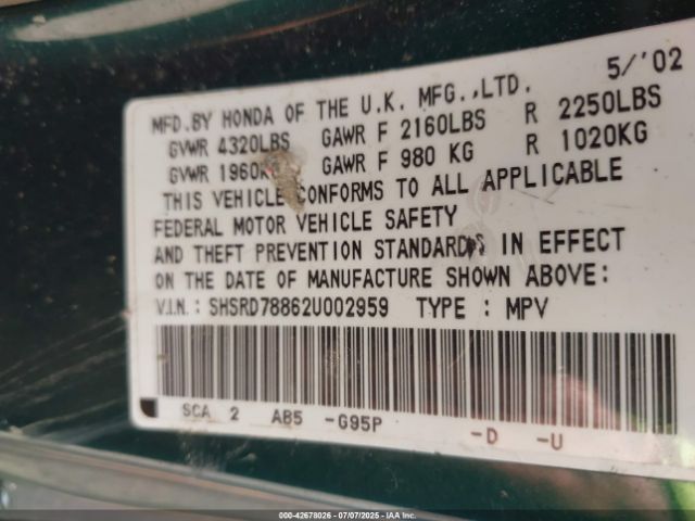 2002 HONDA CR-V SHSRD78862U002959 Photo 8