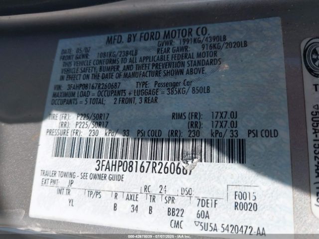 2007 FORD FUSION 3FAHP08167R260687 Photo 8