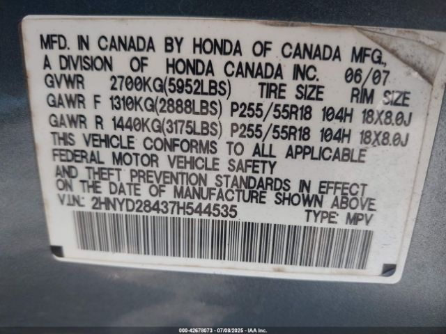 2007 ACURA MDX 2HNYD28437H544535 Photo 8