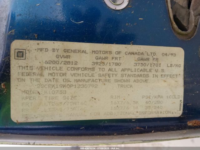 1993 CHEVROLET GMT-400 2GCEK19K0P1230792 Photo 8
