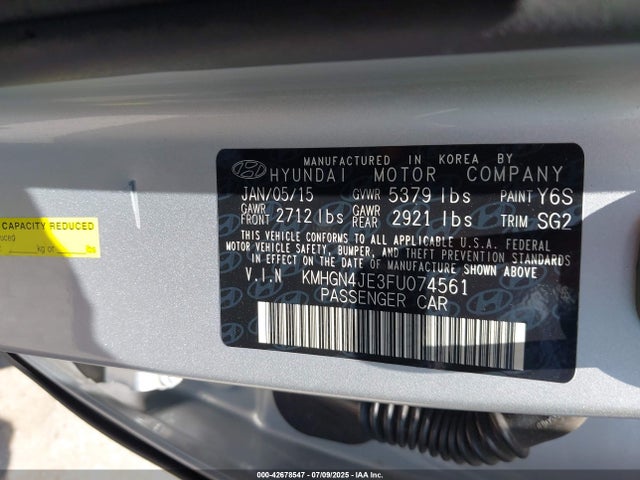 KMHGN4JE3FU074561 Hyundai gasoline 3.8 dohc mpi lambda