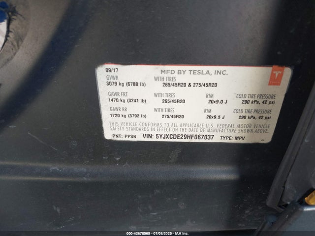 Tesla Model X 100d/75d/90d 2017 5YJXCDE29HF067037 Image 9