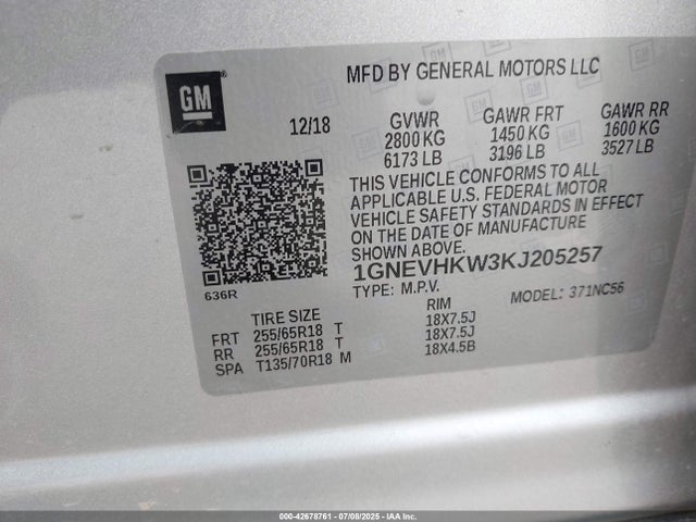 1GNEVHKW3KJ205257 Chevrolet lfy - spark ignited direct injection, atss, gen 1