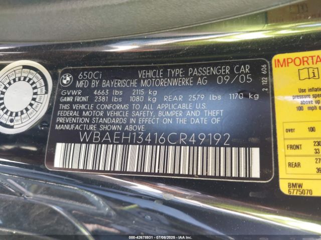 2006 BMW 650I WBAEH13416CR49192 Photo 8
