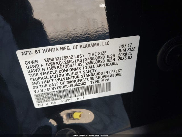 5FNYF6H05HB062502 Honda j35y6