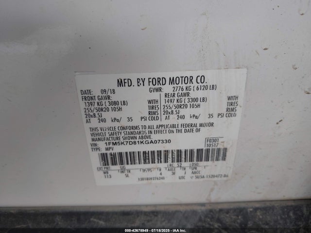 1FM5K7D81KGA07330 Ford 3.5l ti-vct