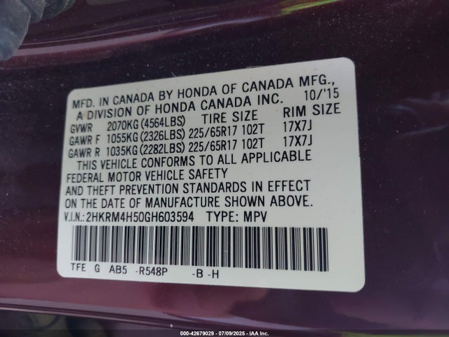2HKRM4H50GH603594 Honda k24w9