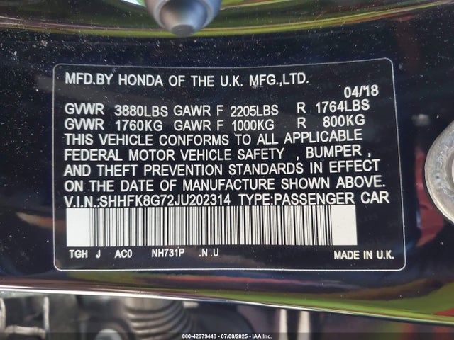 SHHFK8G72JU202314 Honda k20c1