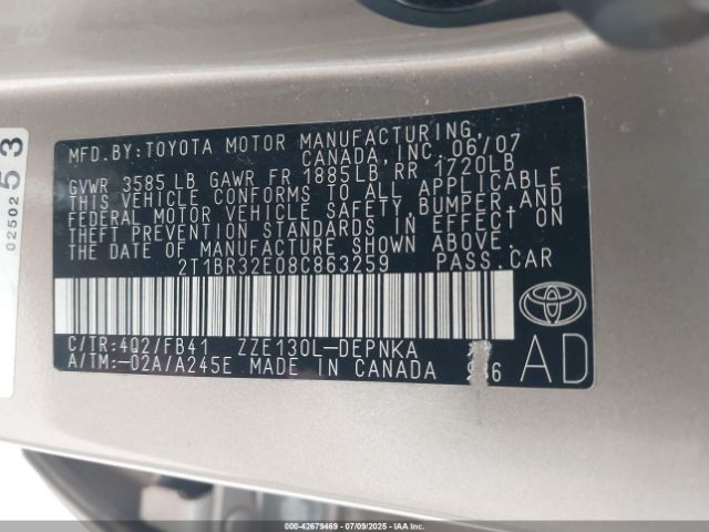 2008 TOYOTA COROLLA 2T1BR32E08C863259 Photo 8