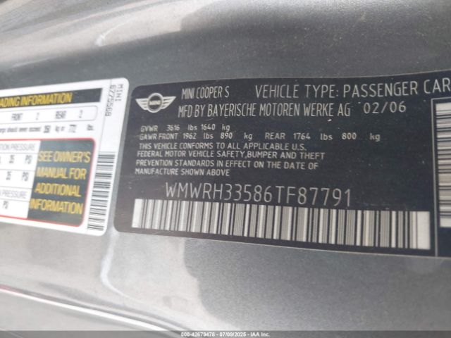 2006 MINI COOPER S WMWRH33586TF87791 Photo 8