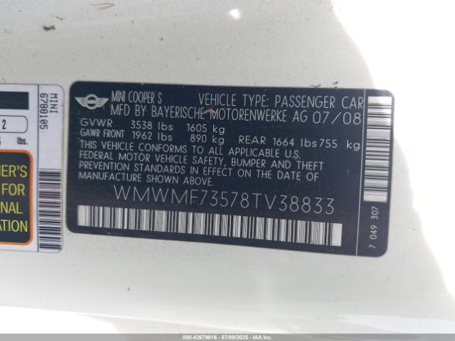 2008 MINI COOPER S WMWMF73578TV38833 Photo 8