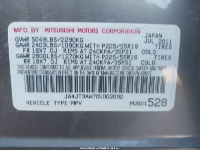 2012 MITSUBISHI OUTLANDER JA4JT3AW7CU002092 Photo 8