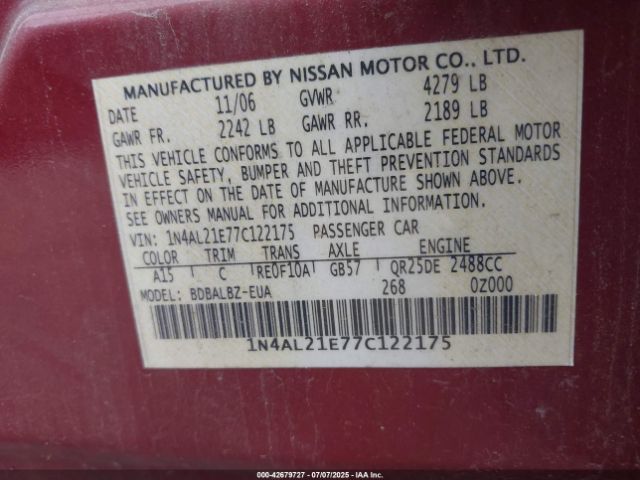 2007 NISSAN ALTIMA 1N4AL21E77C122175 Photo 8