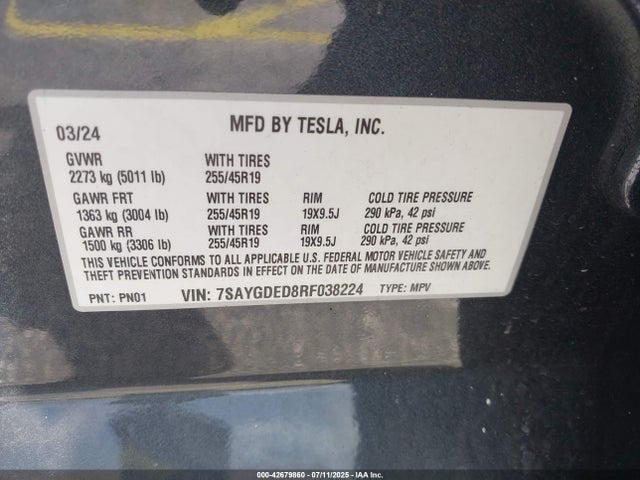 2024 TESLA MODEL Y 7SAYGDED8RF038224 Photo 8