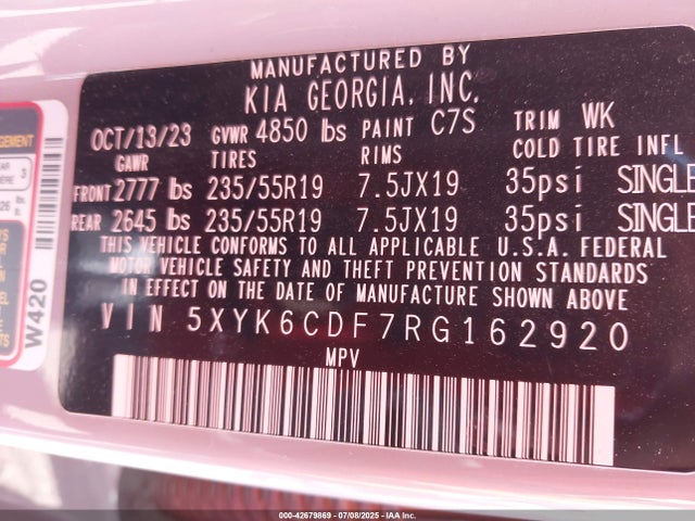 5XYK6CDF7RG162920 KIA gdi theta iii