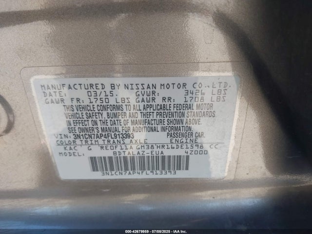 3N1CN7AP4FL913393 Nissan 2015