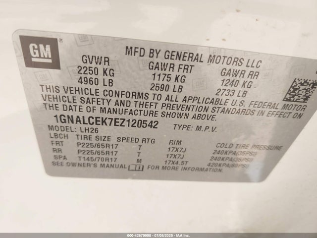 1GNALCEK7EZ120542 Chevrolet lea - flex fuel (gas/alc), aluminum, high output