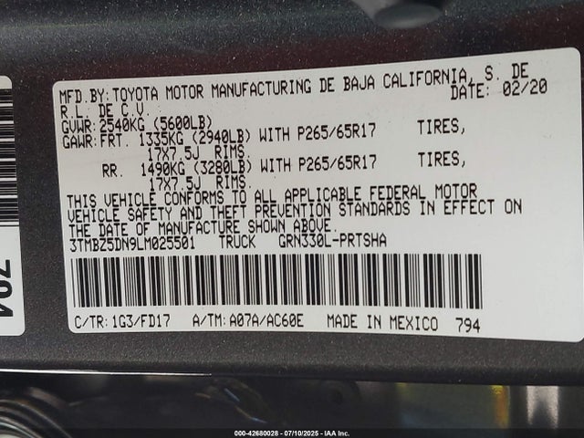3TMBZ5DN9LM025501 Toyota 2gr-fks