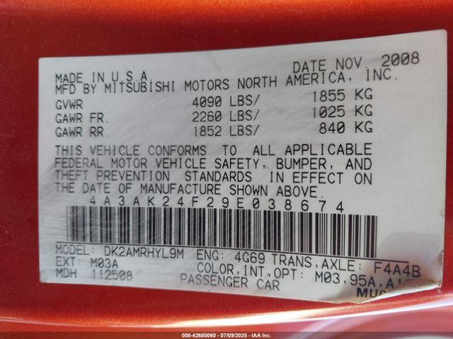 2009 MITSUBISHI ECLIPSE 4A3AK24F29E038674 Photo 8