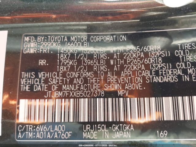 2011 LEXUS GX 460 JTJBM7FXXB5027378 Photo 8