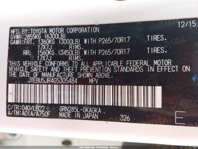 JTEBU5JR4G5305484 Toyota 1gr-fe