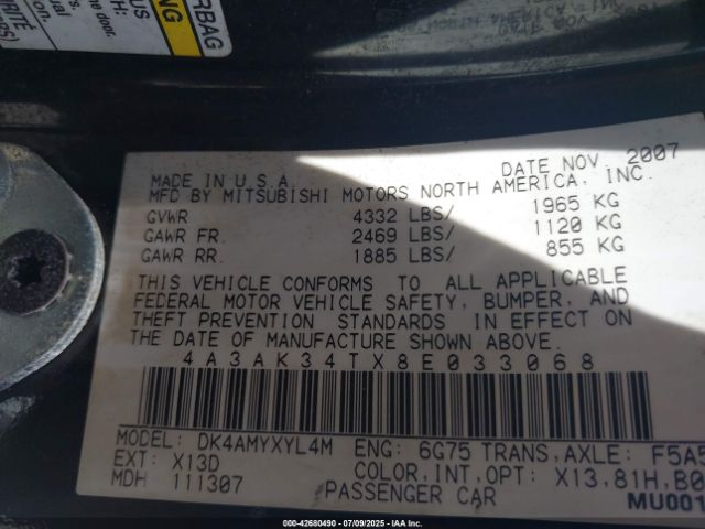 2008 MITSUBISHI ECLIPSE 4A3AK34TX8E033068 Photo 8