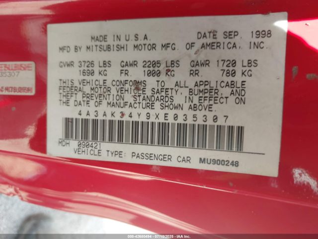 1999 MITSUBISHI ECLIPSE 4A3AK34Y9XE035307 Photo 8