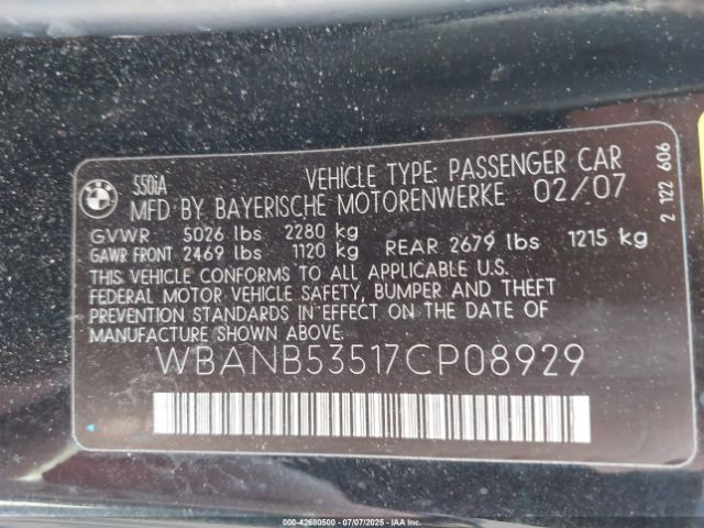 2007 BMW 550I WBANB53517CP08929 Photo 8