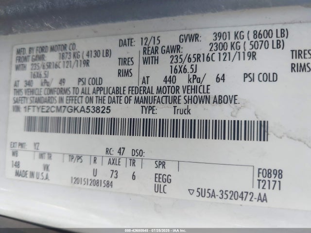 2016 Ford Transit T-150 მანქანა იყიდება აუქციონზე, vin: 1FTYE2CM7GKA53825, აუქციონის ნომერი: 42680545