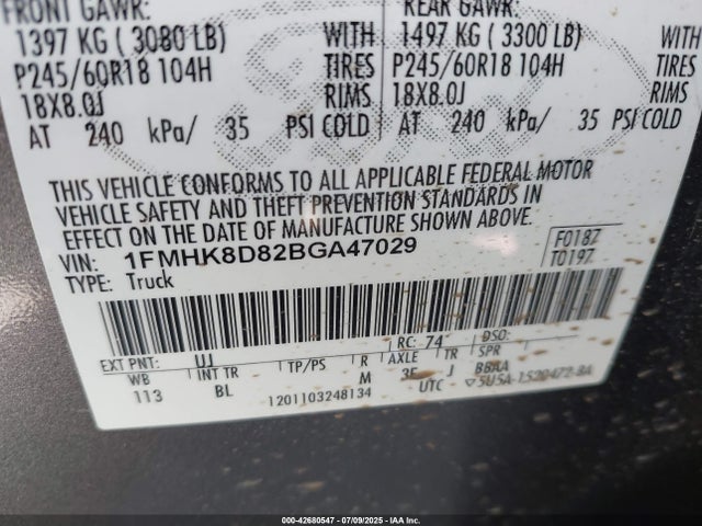 2011 Ford Explorer Xlt მანქანა იყიდება აუქციონზე, vin: 1FMHK8D82BGA47029, აუქციონის ნომერი: 42680547