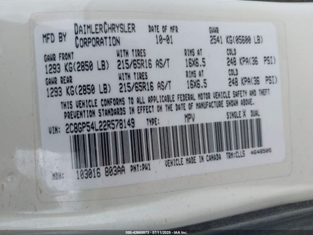 2002 CHRYSLER TOWN & COUNTRY 2C8GP54L22R578149 Photo 8