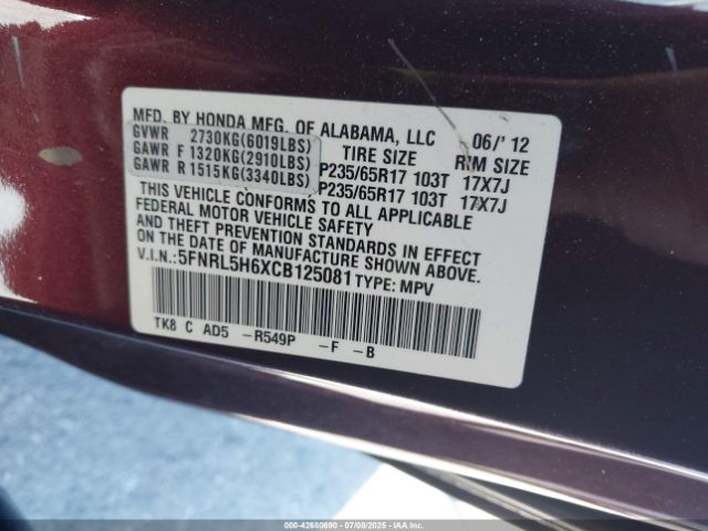2012 HONDA ODYSSEY 5FNRL5H6XCB125081 Photo 8