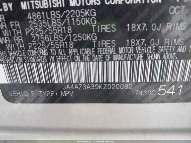 2019 MITSUBISHI OUTLANDER JA4AZ3A39KZ020082 Photo 8