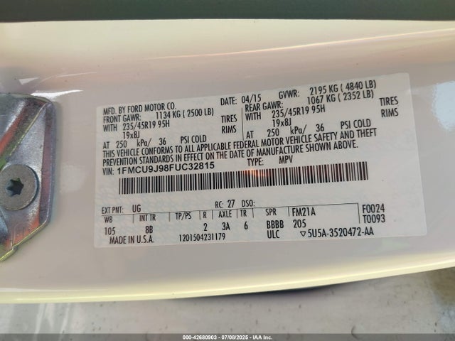 1FMCU9J98FUC32815 Ford 2015