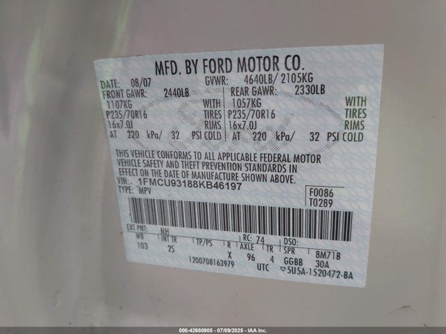 Aukcja sprzedaży 2008 Ford Escape Xlt, vin: 1FMCU93188KB46197, numer aukcji: 42680905