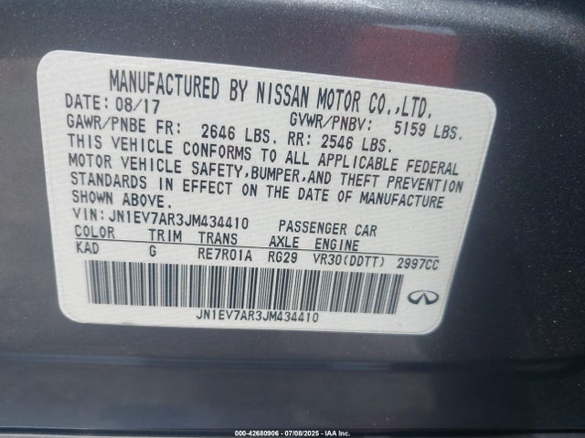 Auction sale of the 2018 Infiniti Q50 3.0t Sport, vin: JN1EV7AR3JM434410, lot number: 42680906
