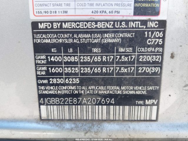 2007 MERCEDES-BENZ ML 320 CDI 4JGBB22E87A207694 Photo 8