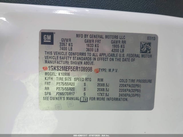 1GKS2MEF5ER108998 GMC l94 - flex fuel(gas/alc), alum cylinder deactivation