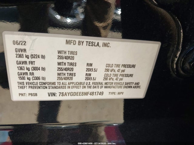 Tesla Model Y 2022 7SAYGDEE8NF481749 Image 8