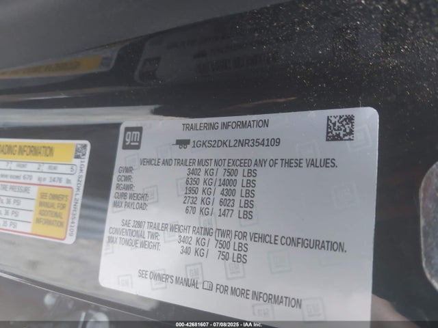 1GKS2DKL2NR354109 GMC l87 - di dfm, alum, gen 5